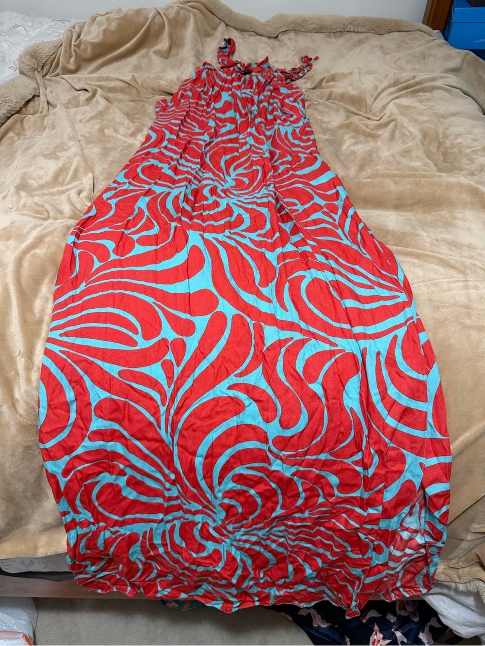 Escapada Red & Aqua Printed Maxi Swim Cover-Up Dress Small